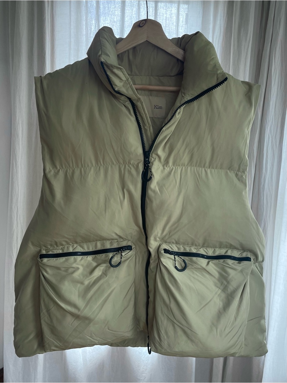 Matin Kim Korean Designer Olive Green Puffer Vest with Front Zip Pockets size L